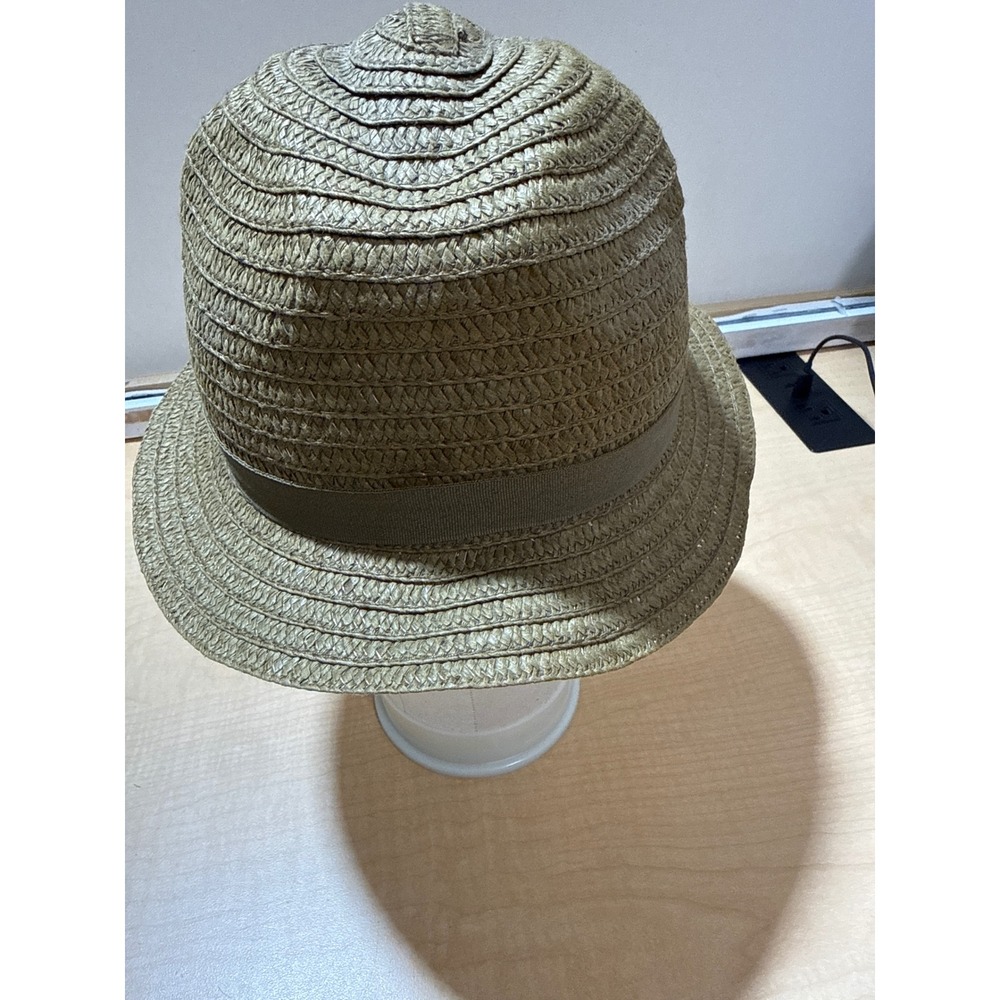 Tan Woven Straw Fedora Trilby Hat with Grosgrain Ribbon Band